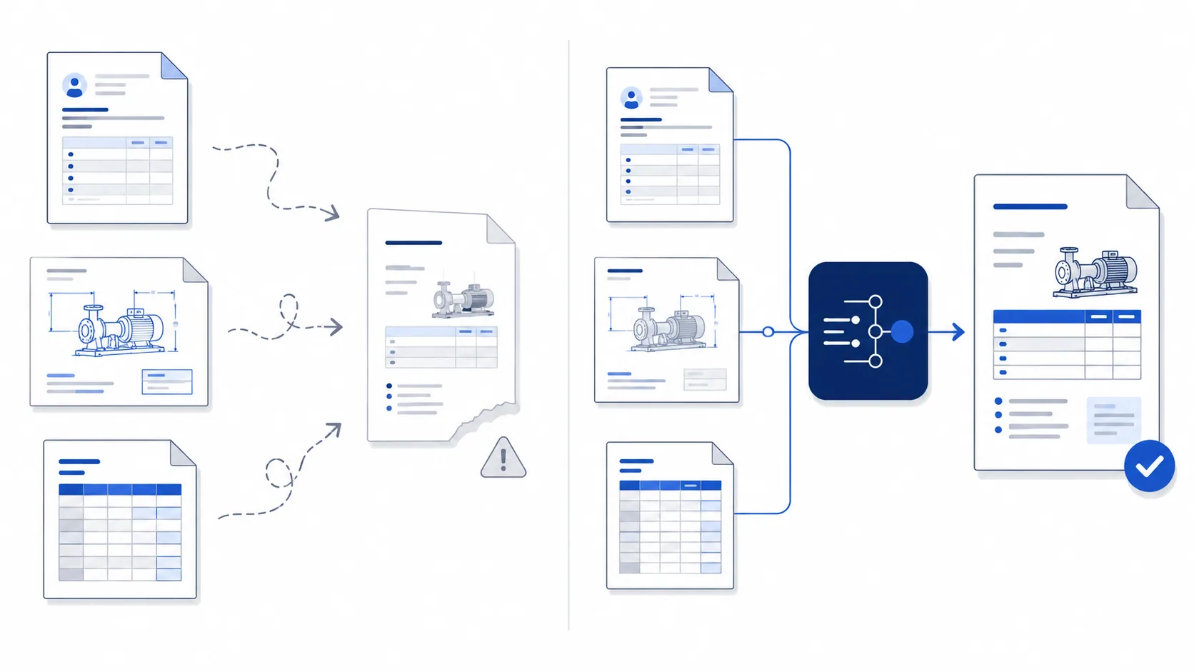 Illustration comparing fragmented manual proposal preparation with a connected automated proposal workflow